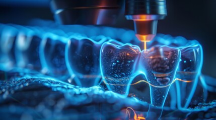 Poster - A close up view of advanced laser equipment forming dental models in a laboratory. Bright blue light highlights the detailed process, showcasing precision in orthodontic manufacturing.
