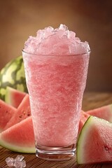 Poster - Refreshing watermelon slush in a glass with fresh slices on a wooden surface for summer treat