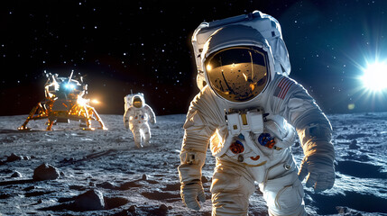 Wall Mural - two astronauts are navigating the moon's surface as they approac