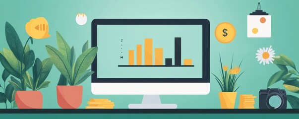 Poster - A modern workspace featuring a computer displaying bar graphs, surrounded by decorative plants and various icons, suggesting productivity and financial analysis.
