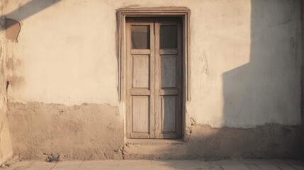 Old wooden door, rural building, sunset shadows, rustic background, architecture stock photo