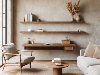 Wall Mural - A living room with a wooden shelf and a couch