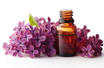 An elegant bottle of lilac essential oil surrounded by fresh lilac flowers, isolated on a clean white background. The soft colors and natural elements create a calming and aromatic atmosphere, ideal 