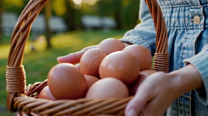 Poster - Farm worker presenting a wicker basket full of brown eggs in slow motion, showcasing the result of their labor in a natural outdoor setting