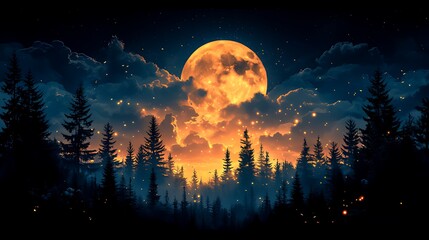 Wall Mural - Night forest, full moon, fireflies, clouds, fantasy art, wallpaper