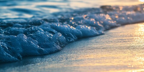 Poster - Serene Ocean Waves Glowing at Sunset with Soft Golden Reflections on Sandy Shoreline : Generative AI