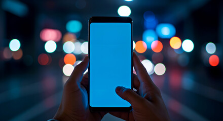 Blank Screen Smartphone Mockup in Urban Night Setting with Colorful Bokeh. Great for app UI design showcases, website interface displays, mobile advertising, and tech-focused digital presentations.