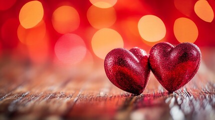 Poster - Glistening Red Hearts on Wooden Surface with Warm Bokeh Lights for Romantic Themes and Valentine's Decor : Generative AI