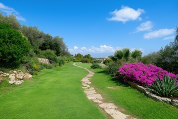 Wall Mural - A path through a lush green garden with a stone walkway. The path is lined with purple flowers