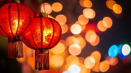 Poster - Festive Chinese Red Lanterns Illuminating Vibrant Night Celebration with Bokeh Lights : Generative AI