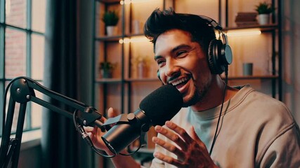 Poster - Professional content creator wearing headphones speaking into microphone while recording podcast in slow motion studio setting, capturing digital communication and media production process