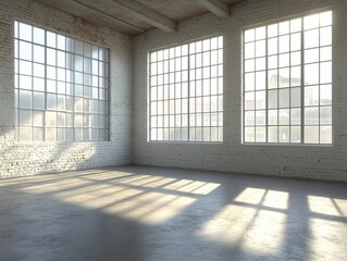 Poster - Bright light entering a spacious room with large windows and white brick walls casting long shadows