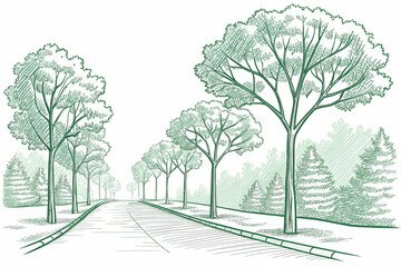 Sticker - A serene illustration of a tree-lined road, showcasing lush greenery and a peaceful atmosphere.