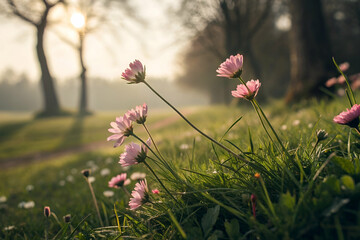 Sticker - A serene morning scene featuring delicate pink flowers blooming in a grassy field, bathed in soft sunlight and surrounded by trees.