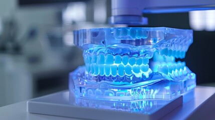 Poster - A 3D printer is actively creating a transparent mold of teeth in a contemporary dental laboratory. Blue light illuminates the mold during the printing process, showcasing cutting edge technology.