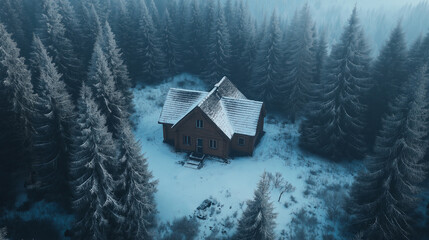 Poster - A wooden cabin deep in the forest, with snow-covered pine trees all around.