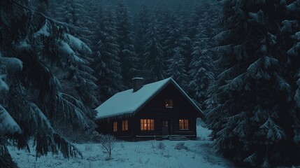 Poster - A wooden cabin deep in the forest, with snow-covered pine trees all around.