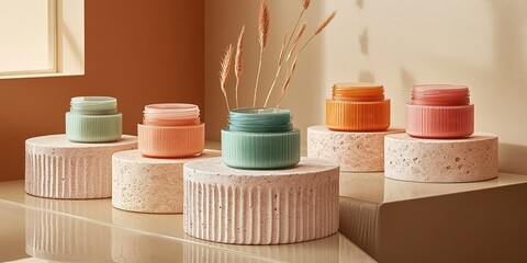 Poster - Colorful skincare products displayed artistically on modern stone pedestals in a bright, minimalist room