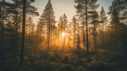 Poster - A sunrise over a misty forest, with golden light filtering through the trees.