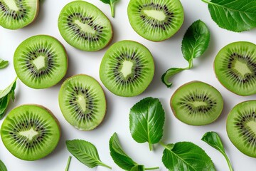 Wall Mural - Fresh kiwi halves nestled among vibrant green leaves on a bright white background