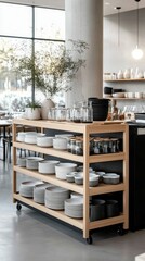 Wall Mural - Elegant dining setup with organized tableware and minimalist decor in a contemporary restaurant setting during daytime