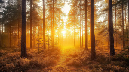 Wall Mural - A sunrise over a misty forest, with golden light filtering through the trees.