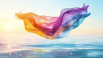 Canvas Print - vibrant fabric floats gracefully above water, illuminated by soft sunlight. colors blend beautifully, creating serene and dreamy atmosphere