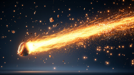 Wall Mural - fiery meteorite streaks through space, leaving trail of burning flames and sparkling debris. intense glow and dynamic motion create dramatic cosmic scene