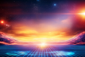 Wall Mural - Vibrant sunset over futuristic grid landscape with glowing lights and cosmic elements. scene evokes sense of wonder and exploration in retro futuristic