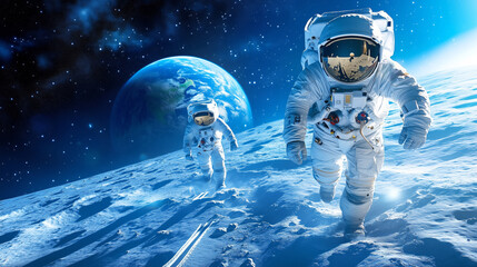Wall Mural - two astronauts in white suits made their way across the lunar su
