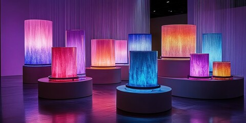 Poster - Colorful illuminated columns create a vibrant atmosphere in a modern exhibition space during a nighttime event
