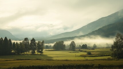Aufkleber - A scenic train journey through the countryside, with misty mountains in the background