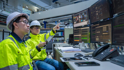 Engineer working at control room in the factory,Manager control system at Industrial plant,Technician man monitoring program from a lot of monitor