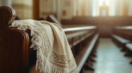 Aufkleber - Empty Church Pews with Sunlight Streaming Through Windows Creating a Peaceful Ambiance : Generative AI