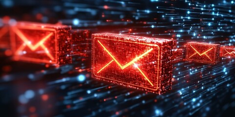 Poster - Digital representation of emails traveling through a network with glowing red icons and a background of binary code