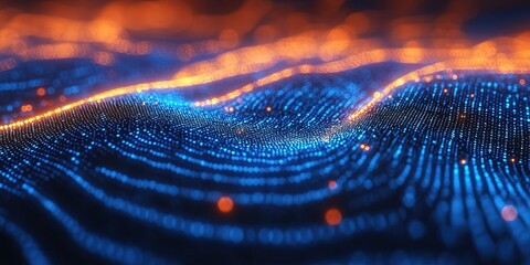 Poster - Colorful digital landscape showcasing glowing lines and dots in dynamic pattern during nighttime hours