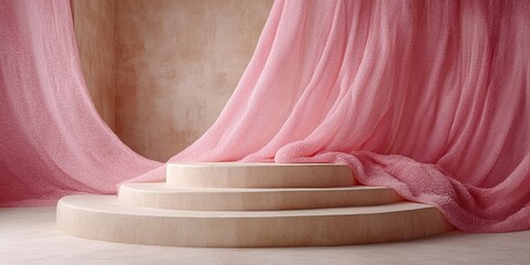 Poster - Elegant pink fabric drapes adorn a minimalist stage with circular steps in a modern indoor setting