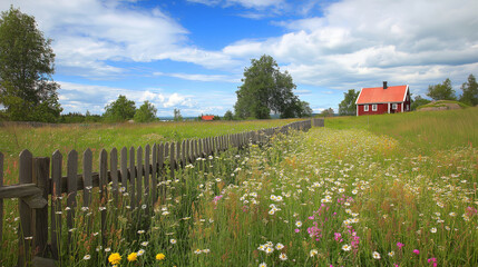 Aufkleber - A summer meadow with wildflowers, a wooden fence, and a small red cottage in the distance