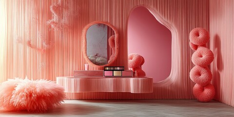 Poster - Stylish interior design featuring soft pink textures and playful shapes in a modern setting