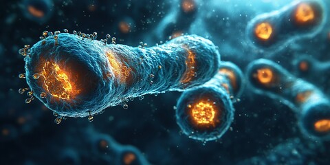 Poster - Microscopic view of bacteria with glowing elements showcasing intricate details and vibrant colors