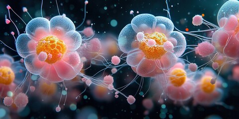 Poster - Vibrant microscopic view of colorful cells resembling flowers in a dark background