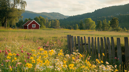 Aufkleber - A summer meadow with wildflowers, a wooden fence, and a small red cottage in the distance