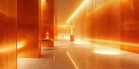 Poster - Contemporary hallway featuring golden lighting and minimalist decor in a sleek modern setting