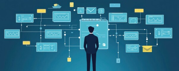 Poster - A professional analyzing data visualizations and digital elements, representing information flow and technology in a modern setting.