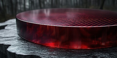 Poster - Abstract red carbon fiber disc resting on a dark rocky surface in a misty forest setting