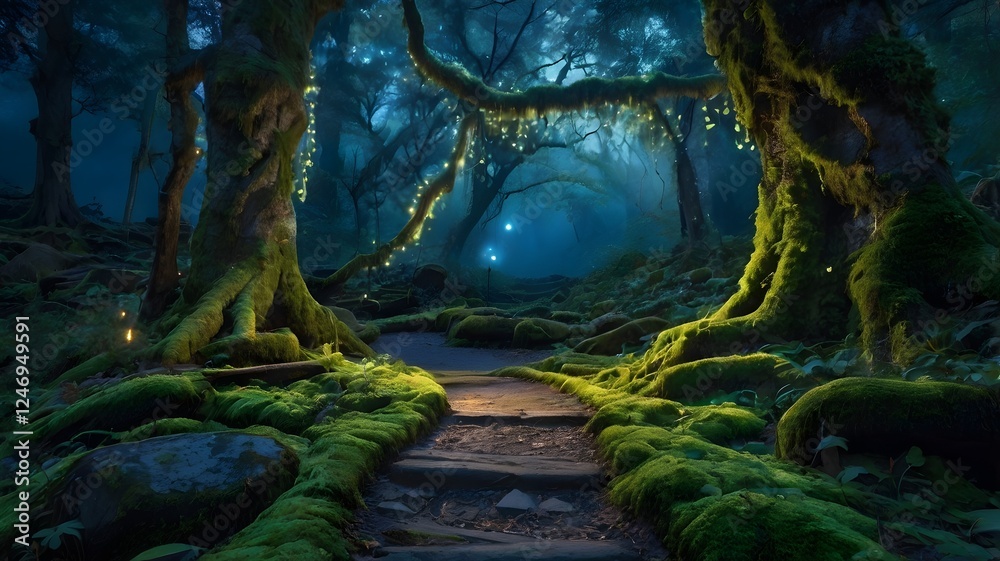 A mystical forest at twilight, ancient trees wrapped in glowing moss ...