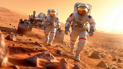 Wall Mural - two astronauts in space suits conduct exploration on the red sur