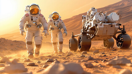 Wall Mural - astronauts walk across the rocky terrain of mars under a dusty s
