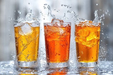 Poster - Three refreshing drinks with ice splashing in a dynamic still life against a light background