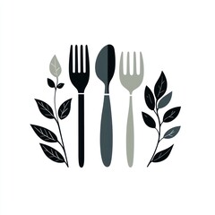 Wall Mural - Utensils arranged with floral leaves for menu card, invitation or restaurant decor